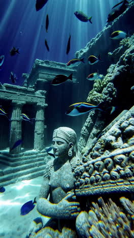 sunlit underwater ruins with fish