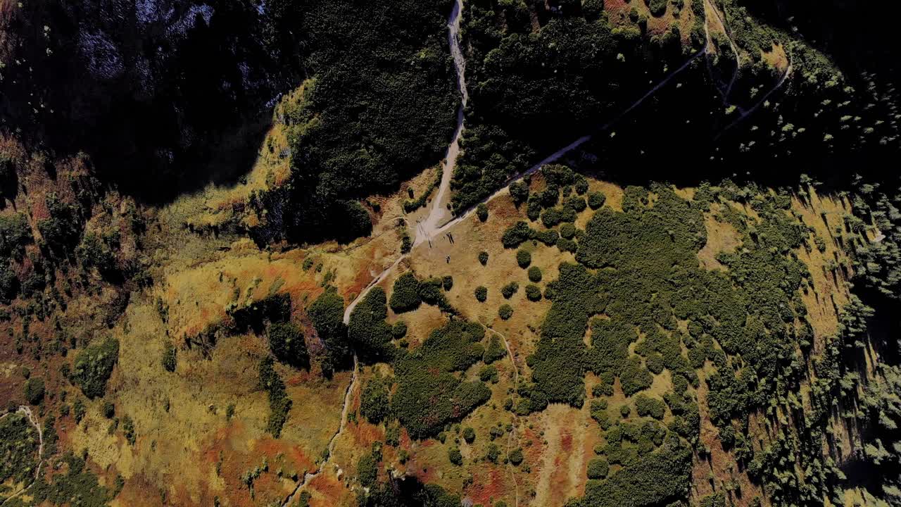 ascenso lento de un dron aéreo de 4k vista de arriba hacia abajo de una montaña y su valle en las montañas tatras de eslovaquia