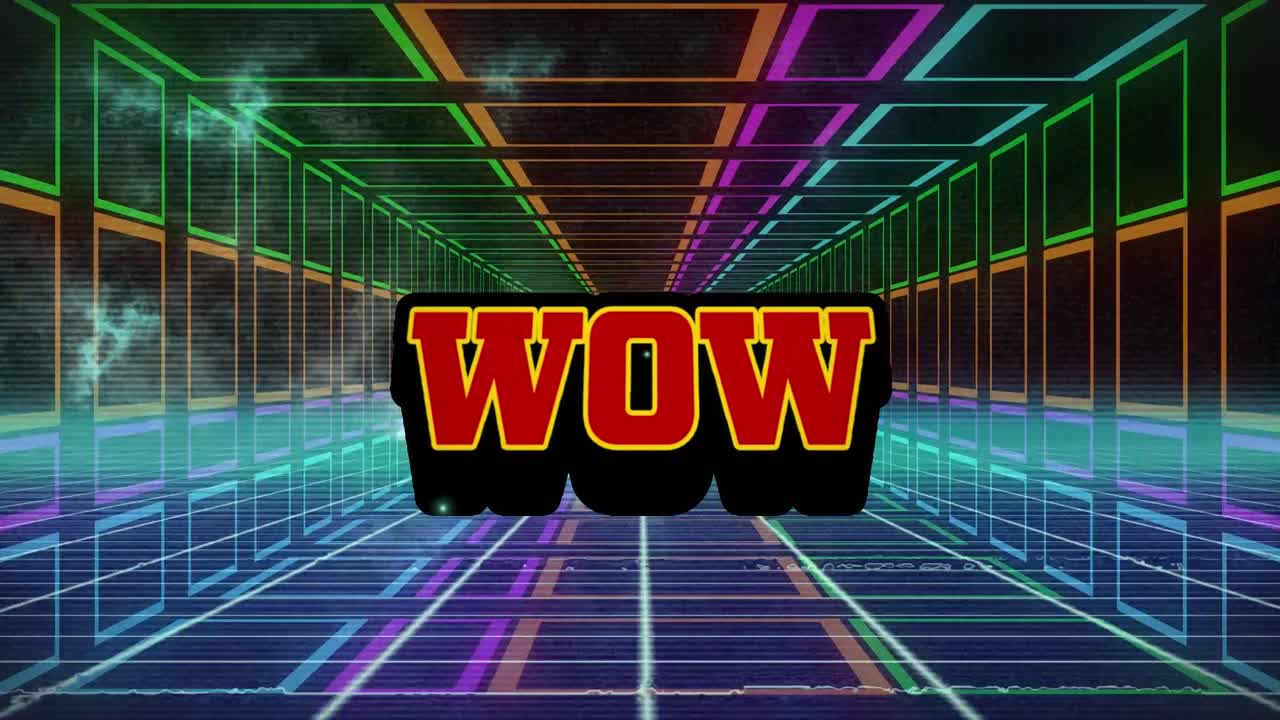 화려한 사각형으로 만들어진 터널 위의 와우와 폭발의 애니메이션