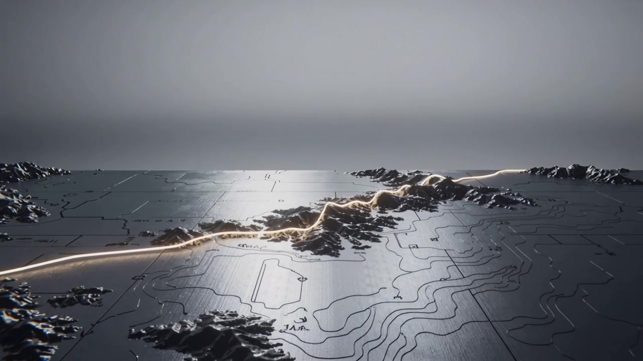 Entering left edge, glowing path tracing central ridgeline on metal map at studio, showing contours