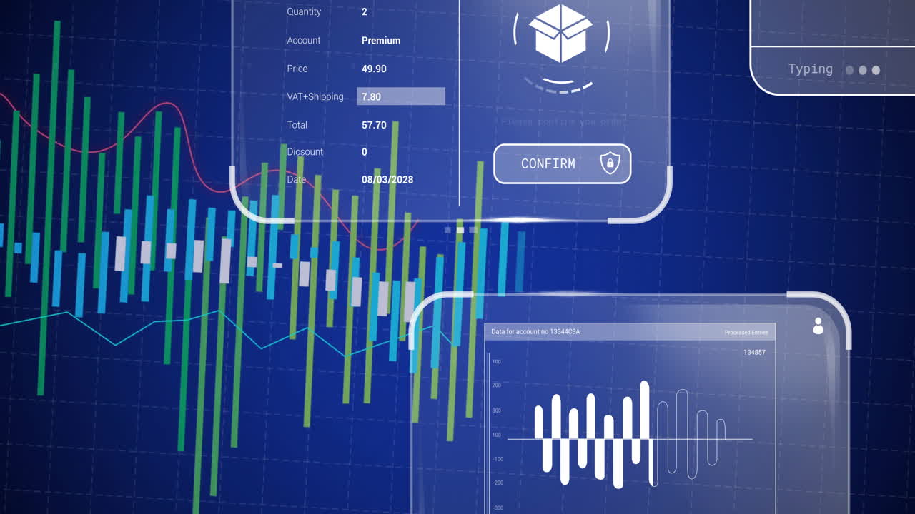Animation of financial charts and package confirmation on digital blue background