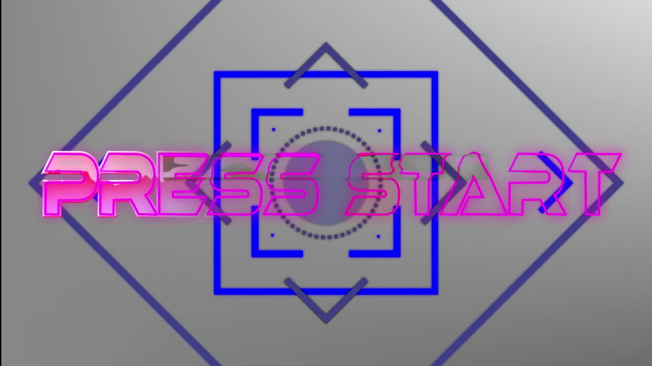 Animation of press start text over neon geometrical shapes on grey background