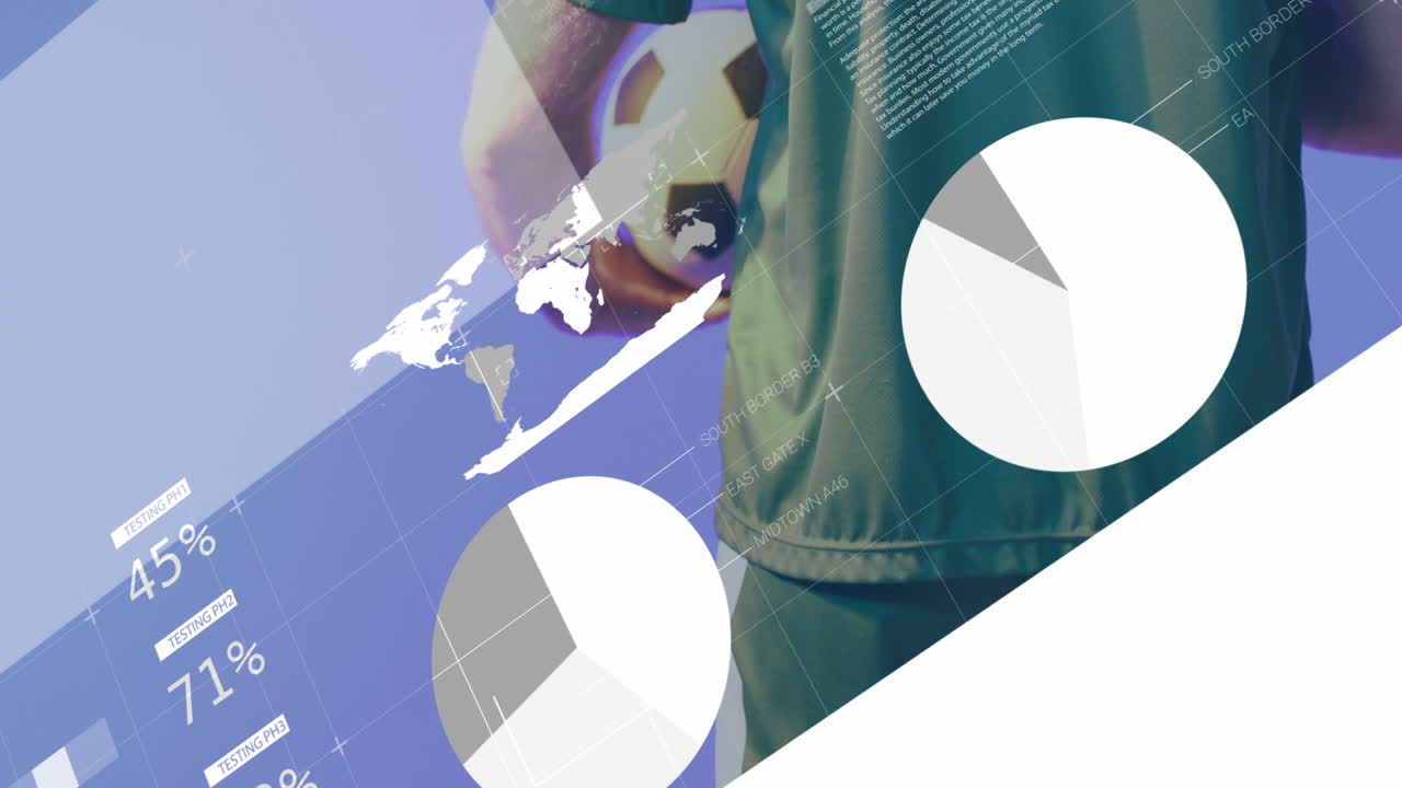 카우카스 남성 축구 선수가 공을 들고 있는 인터페이스에 대한 차트와 데이터의 애니메이션