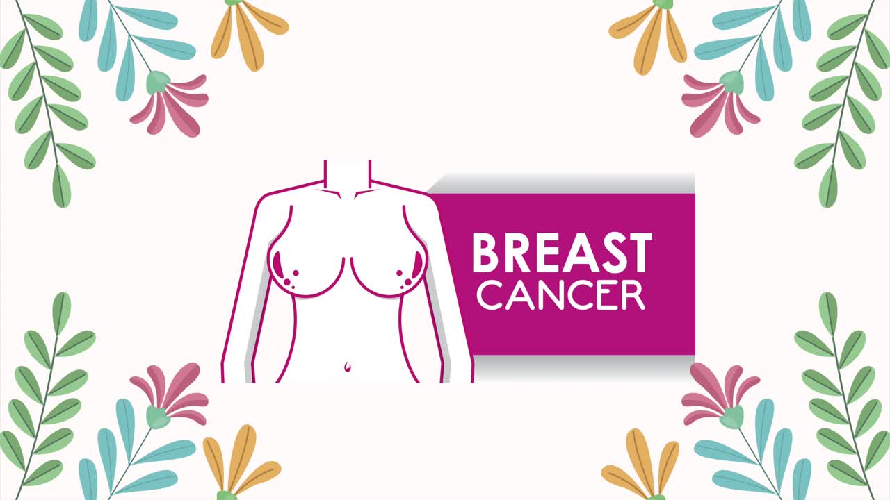 animazione di sensibilizzazione al cancro al seno con corpo femminile e cornice floreale
