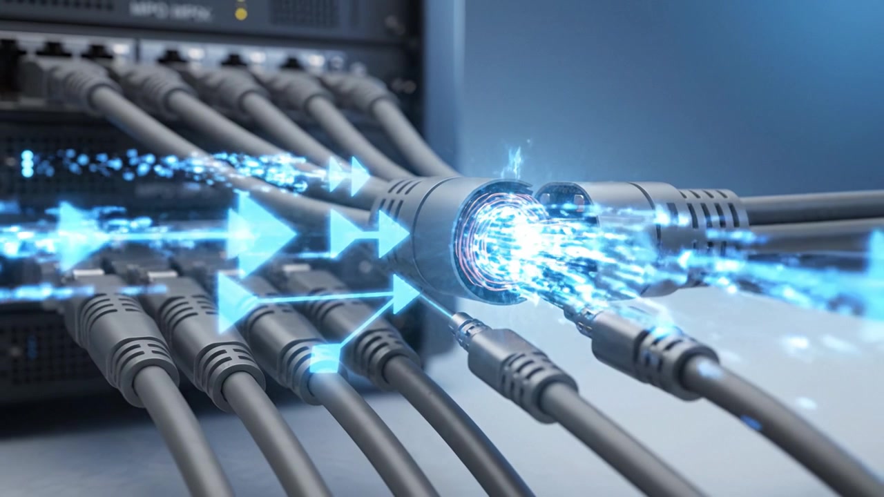 An intricate close-up showcasing high-tech cables connecting powerful servers, featuring copper wiring at the junction, symbolizing advanced networking and data transfer.