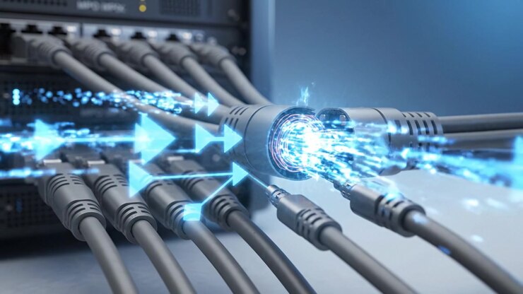 An intricate close-up showcasing high-tech cables connecting powerful servers, featuring copper wiring at the junction, symbolizing advanced networking and data transfer.