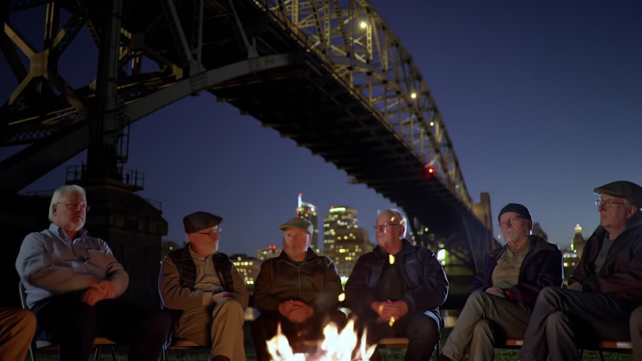 A Group of Elderly Men Engaging in Meaningful Conversation by a Fire Under a Bridge at Night, Surrounded by a Beautiful City Skyline Illuminated by Lights.