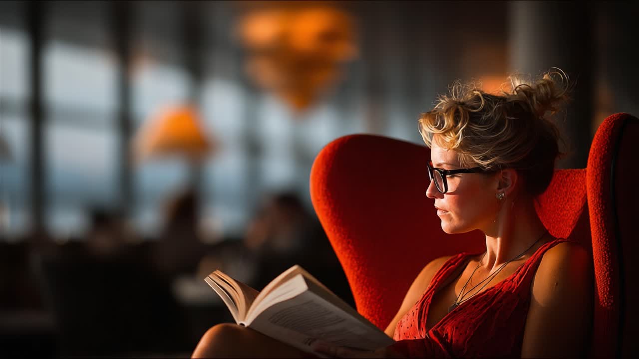 A Woman Immersed in a Book While Seated Comfortably in a Cozy Chair, Surrounded by Warm Ambient Light in a Chic Indoor Setting