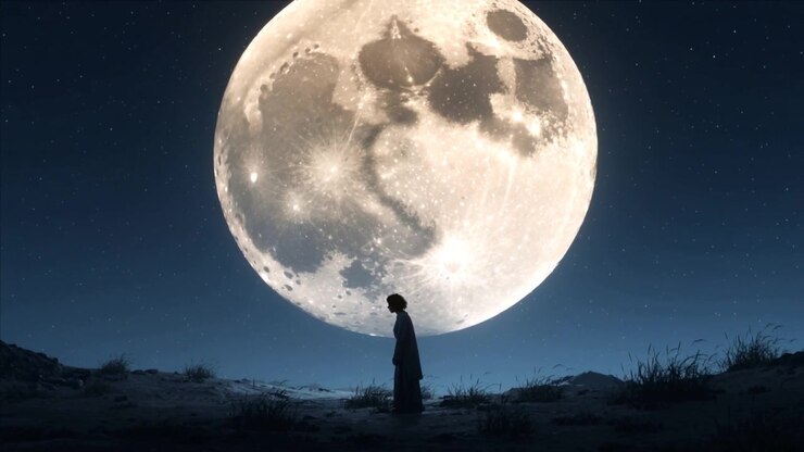 Homem de casaco longo escuro se endireitando de uma postura curvada em dunas iluminadas pela lua, contemplando a lua cheia