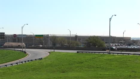 a view of the freeway near the pentagon zoomsin to the pentagon building
