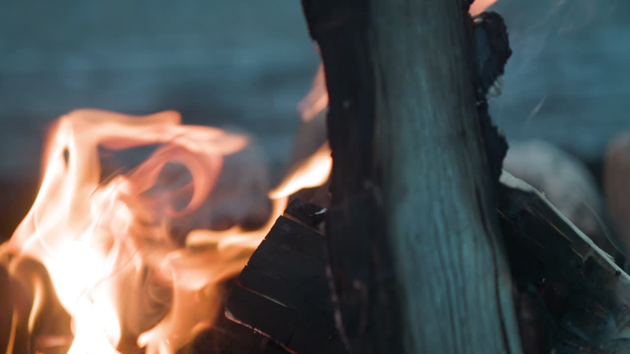Close-Up of a Campfire Burning at Night
