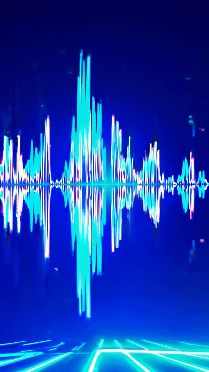 Vibrant audio waveform in neon colors on a dark background, captured from a low-angle perspective