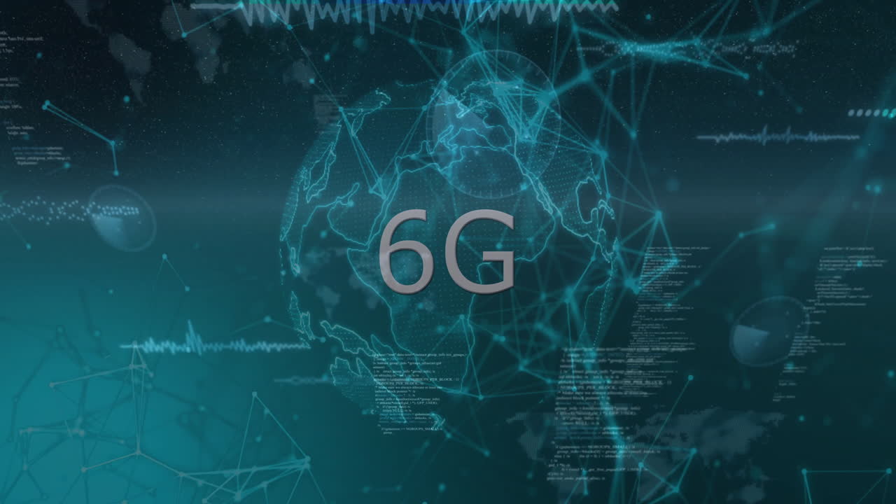 Animation of 6g text, data processing and network of connections over globe