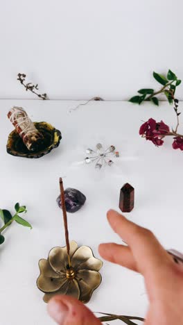 spiritual practice with incense and crystals