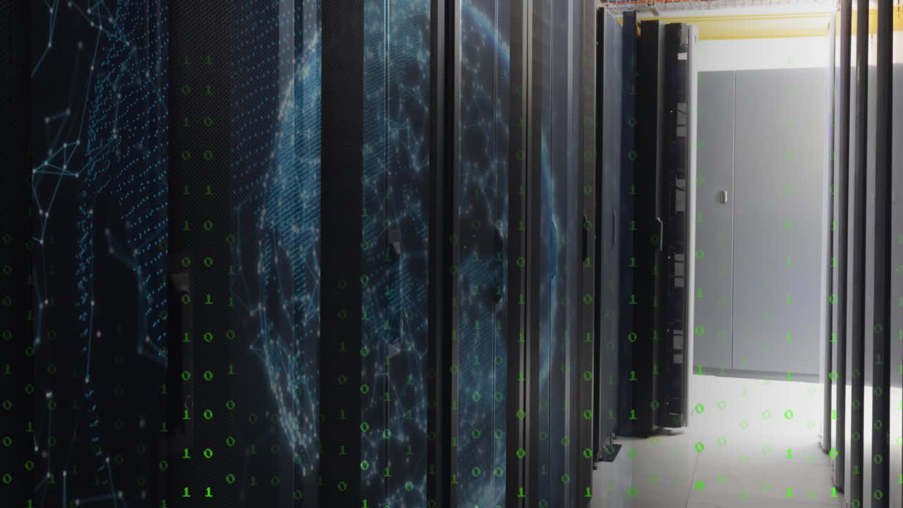 animación de formas en movimiento y globo sobre la sala del servidor