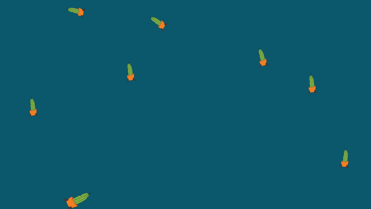 animación de la ilustración de cactus en ollas de naranja que caen sobre un fondo azul