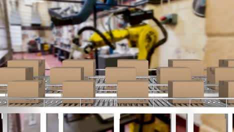 Animation-of-cardboard-boxes-moving-on-conveyor-belts-in-warehouse