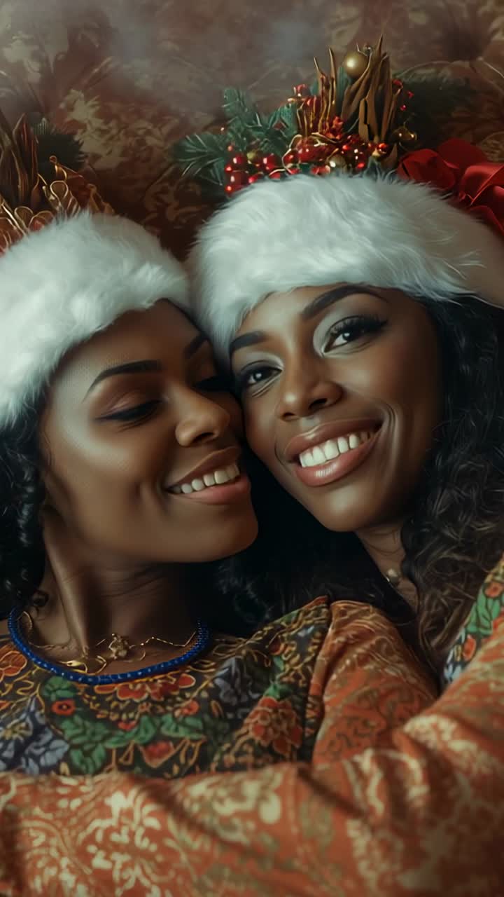 Vertical video: Leaning in, right woman swiping lens to clear view on sofa, wearing Santa hats