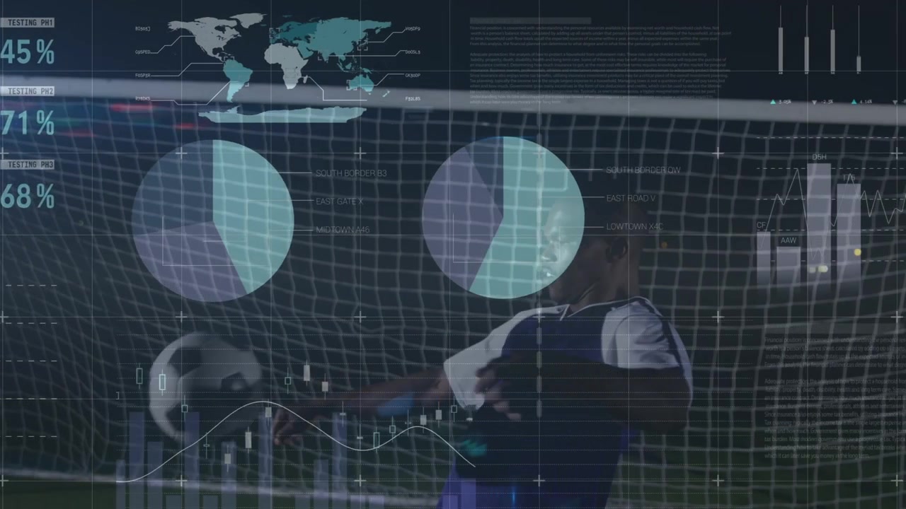 Animation of graphs and data over african american soccer player at stadium