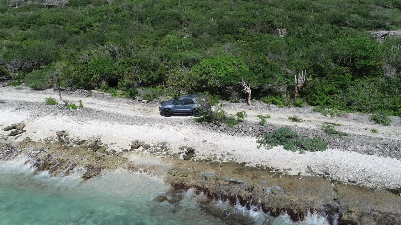 선인장과 녹지를 부수는 바위가 많은 산호 해안선 파도에서 오프로드를 운전하는 드론 뷰 카