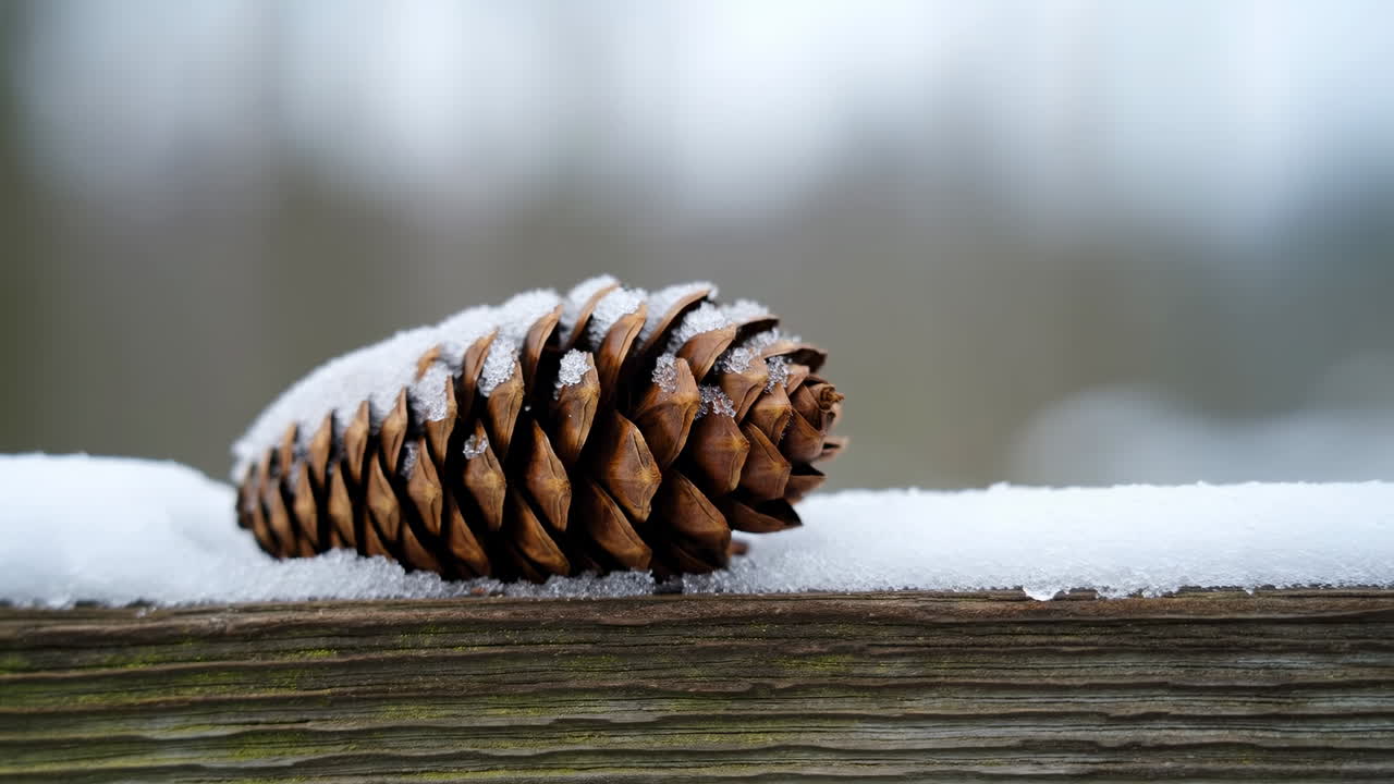 Snødekt kongle på trerekkverk, nærbilde av vinterscene med myk bokeh-bakgrunn, lett rimlag