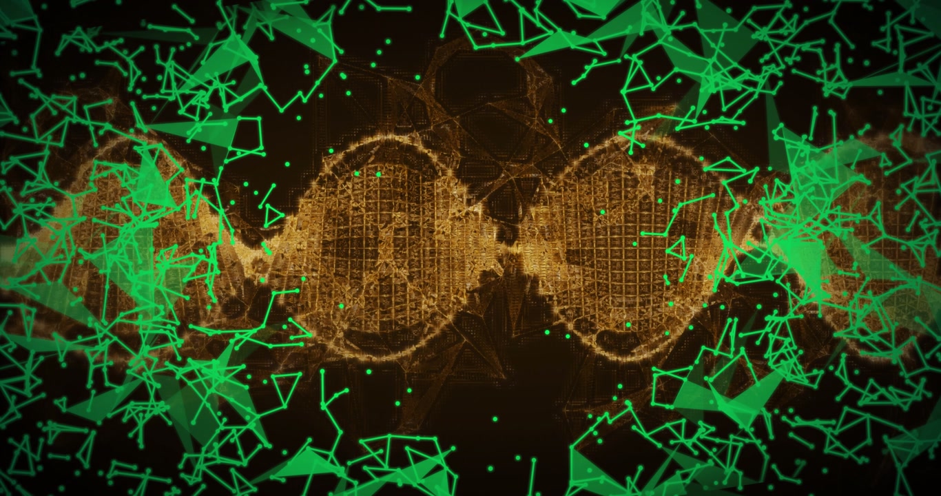 Green polygons moving inward, starting golden dual lattices emerging and pulsing, framing void