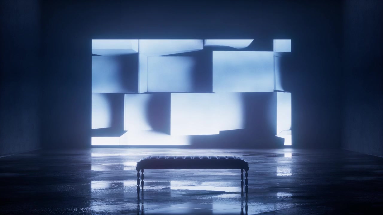 Empty Bench in Dark Room with Abstract Geometric Light Projection