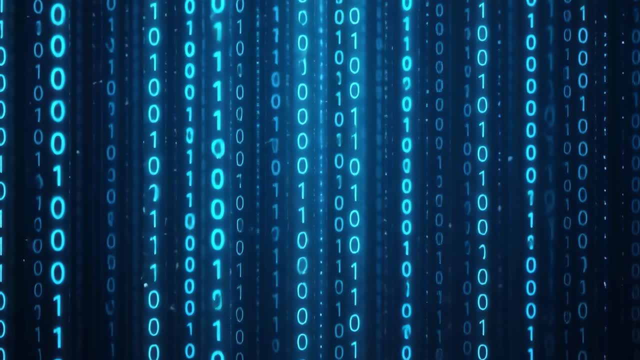 A futuristic video concept with a straight-on camera angle, showcasing cascading binary code