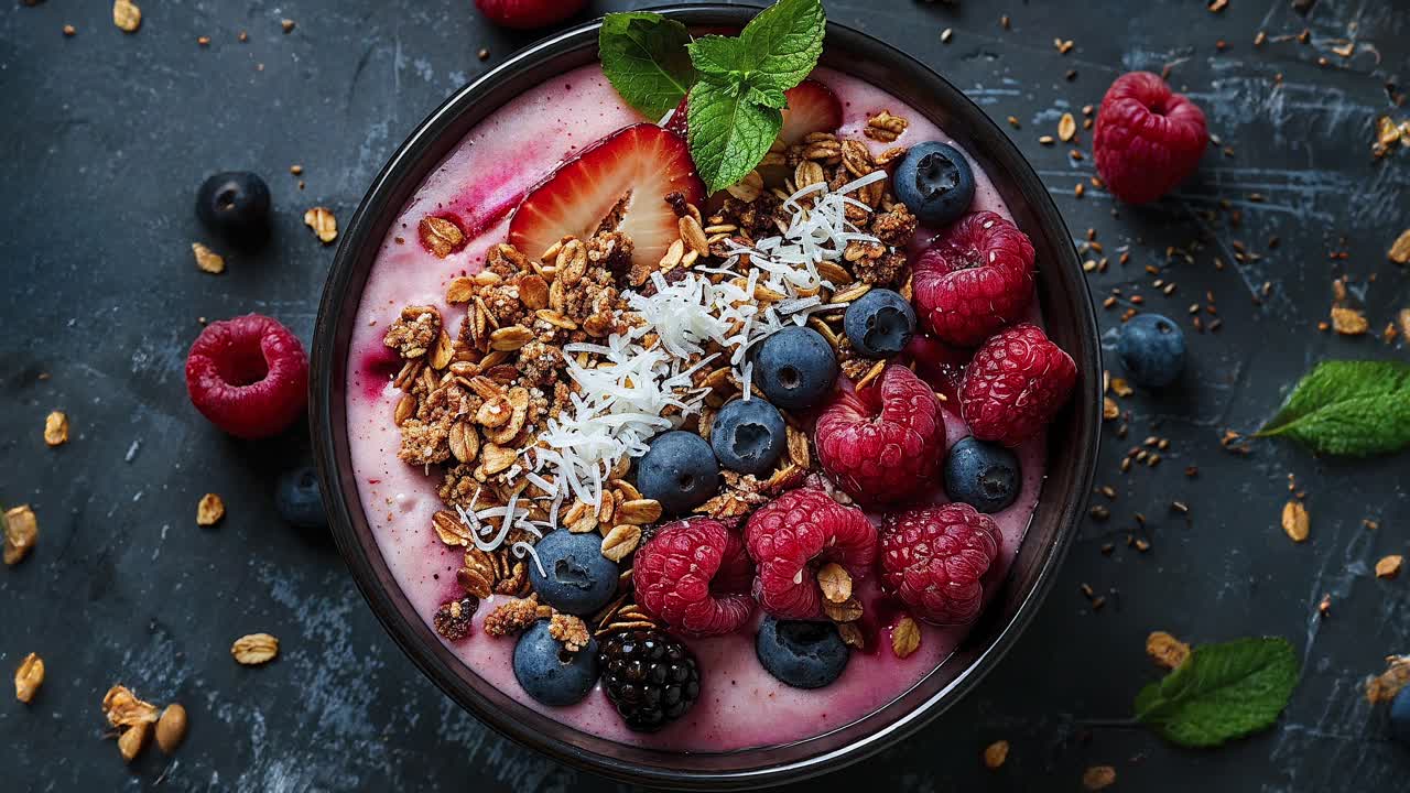 un delicioso y saludable batido con bayas y granola