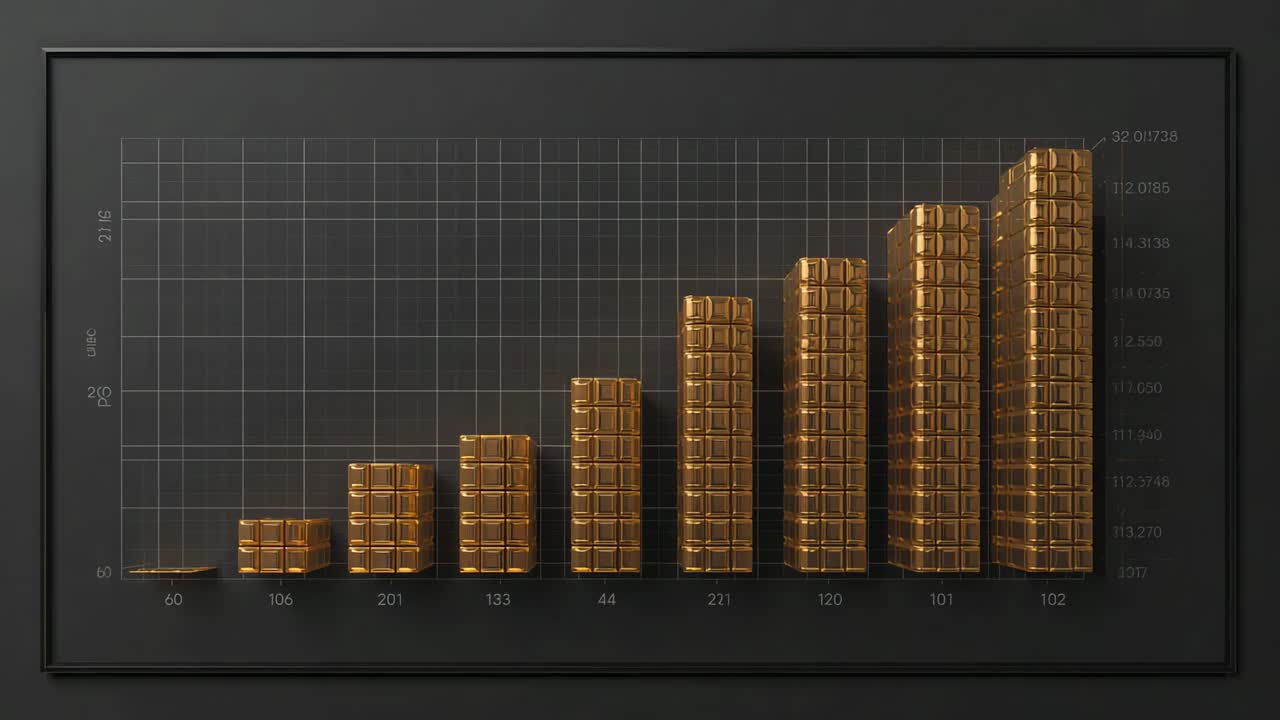 Moving camera framing gold brick stacks chart on gallery, zooming right, emphasizing height, ticks
