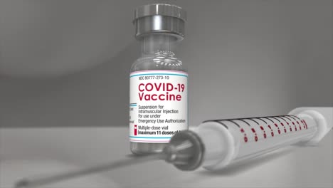 High-quality,-photo-realistic-CGI-render-of-a-single-syringe-on-a-reflective-countertop,-with-a-small-glass-vial-of-cornona-virus-COVID-19-vaccine,-rendered-with-beautiful-depth-of-field