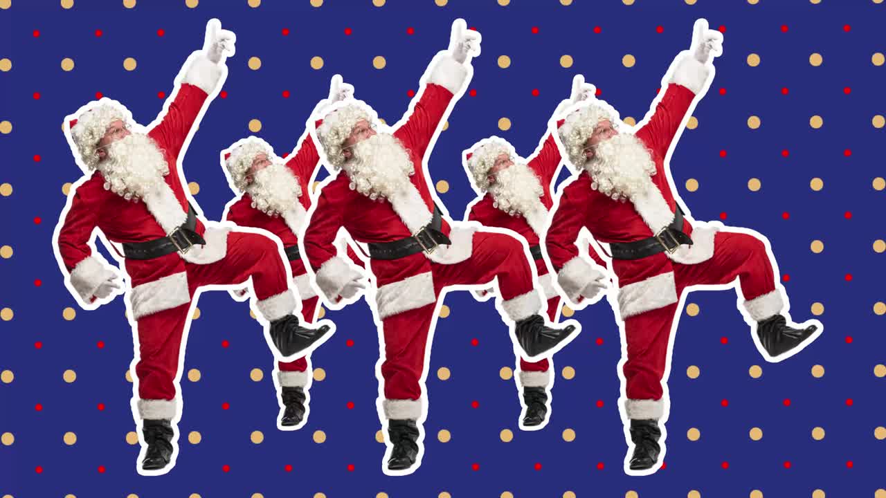 활기찬 산타클로스가 긍정적으로 춤추고, 즐거움을 즐기고, 크리스마스 축하, 새해 축하, 스 모션 디자인, 아트 애니메이션, 즐거운 축하, 재미있는 밝은 4k 아트콜라지, 파티 및 휴가 개념