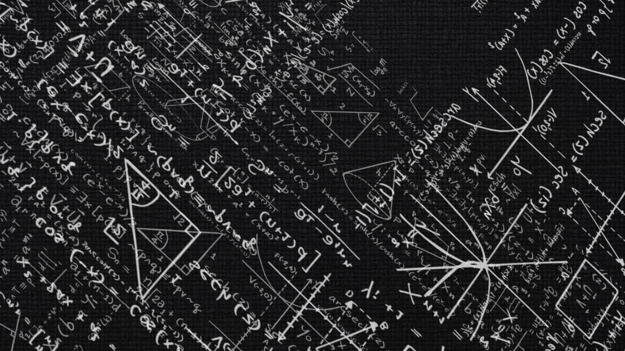 수학적 방정식과 기하학적 모양의 애니메이션이 검은 바탕에 있습니다.