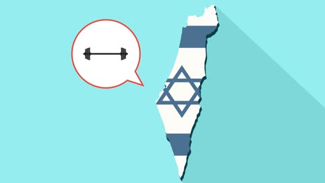 animation of a long shadow israel map with its flag and a comic balloon with a dumbbell