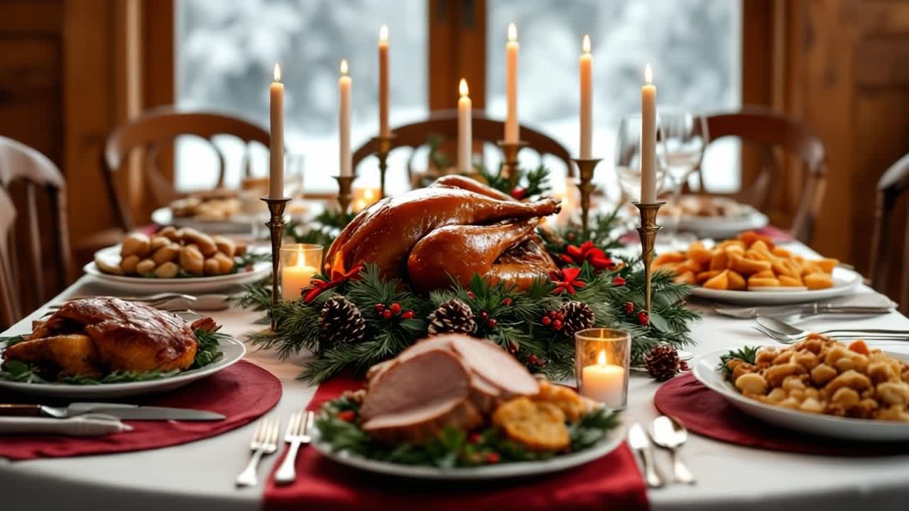 A festive holiday dinner table with a roasted turkey and ham