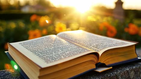 open book resting on a stone surface, illuminated by the warm glow of the setting sun in a serene garden