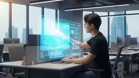 a young professional engaged in futuristic technology solutions, interacting with holographic interface and data visualization in a modern office environment