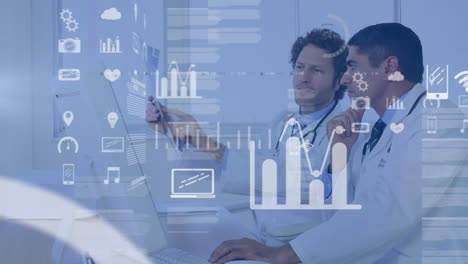 animation of data processing against two diverse male doctors discussing over reports at hospital