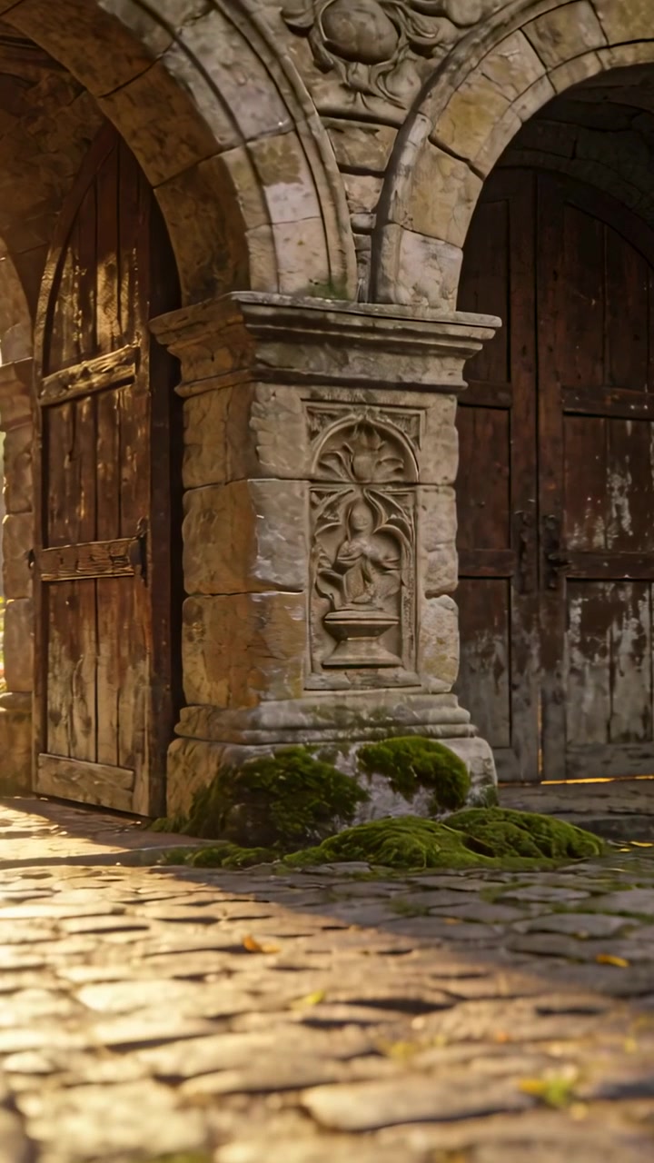 Video verticale: Telecamera in movimento che rivela una colonna intagliata e un arco in un cortile, mostrando muschio e luce