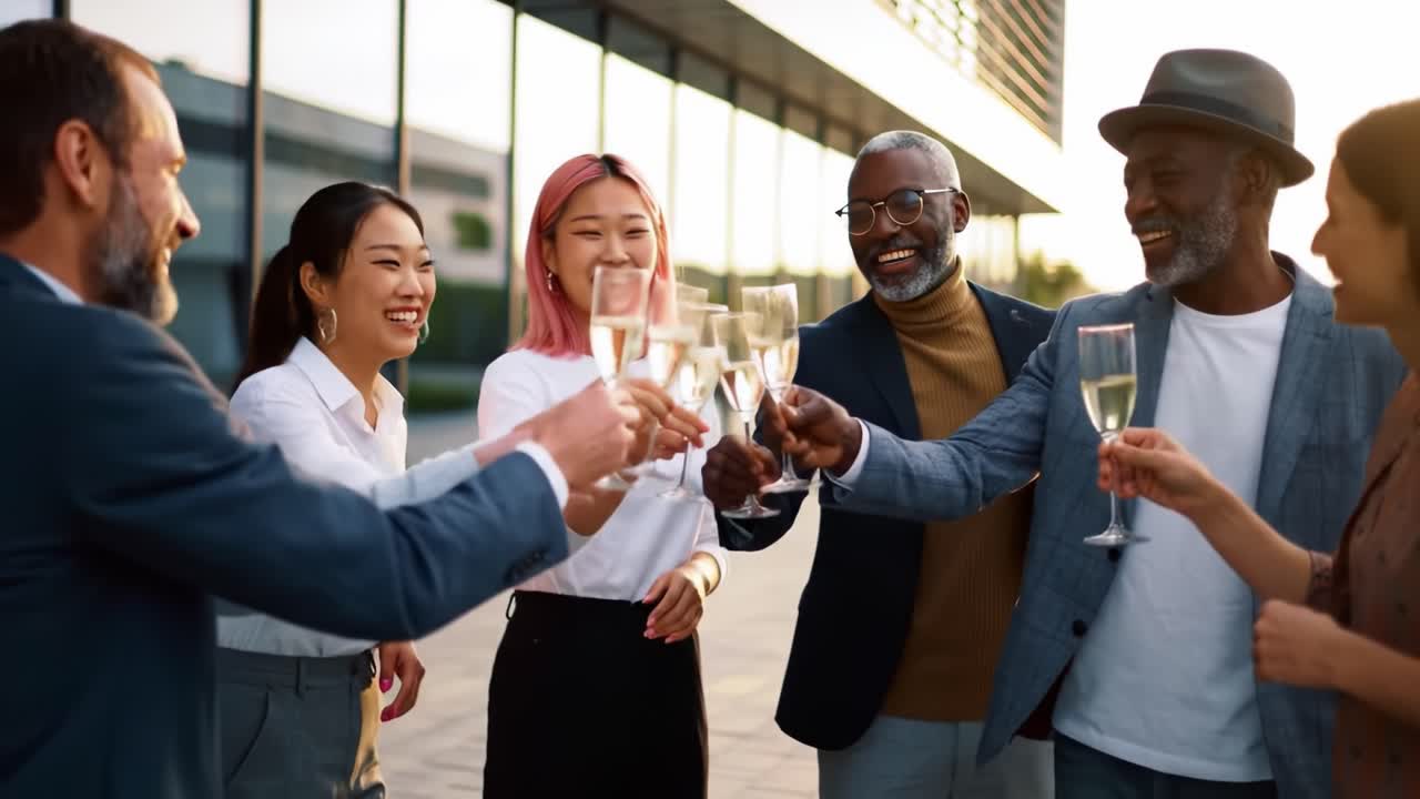 A Joyful Celebration: Diverse Friends Raising Glasses in Toast Amidst Modern Urban Architecture, Capturing Laughter and Connection During a Memorable Gathering