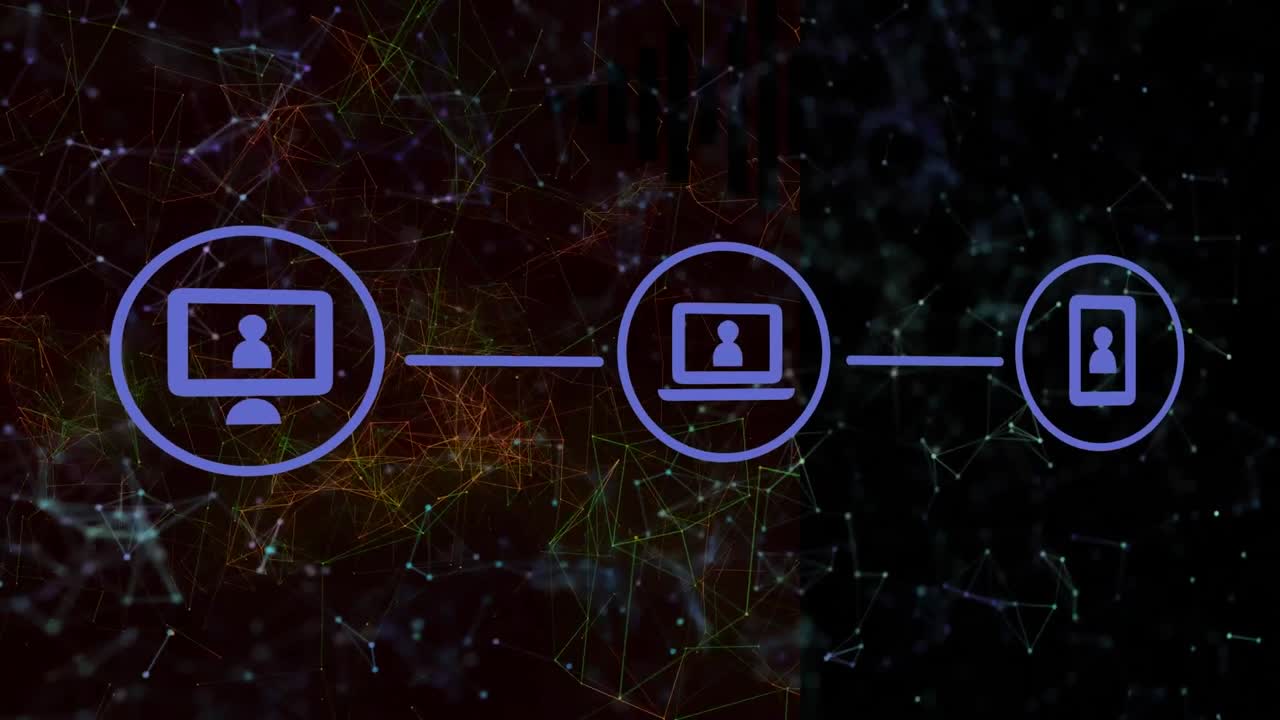Animation of media icons over network of connections