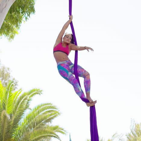 exotic acrobatic dancer working out on silk ribbon