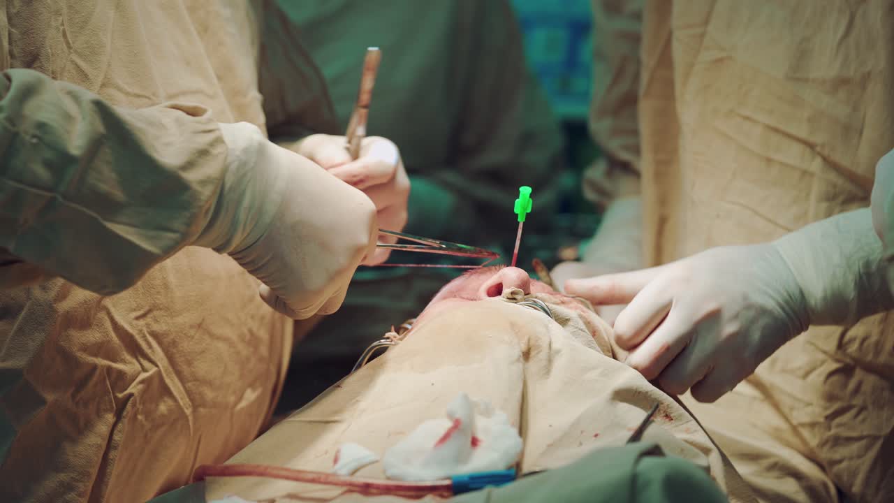 In surgery. Doctors wearing protective clothing performing surgery using sterilized equipment
