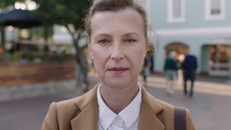 ritratto di un'elegante donna d'affari matura che guarda seriamente alla telecamera indossando una giacca elegante in città