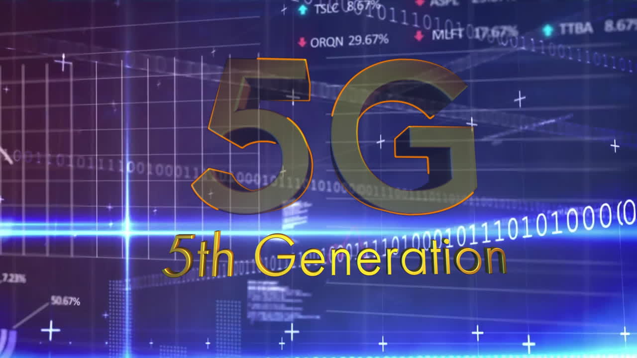 어두운 배경에서 5g 텍스트 및 데이터 처리의 애니메이션