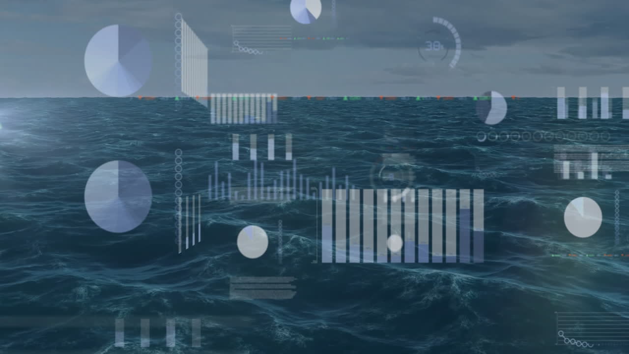 Animating data analytics and charts over ocean waves, visualizing trends