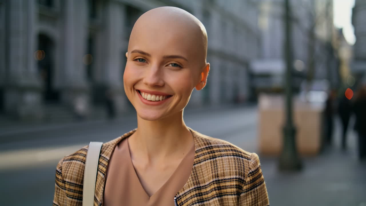 Giovane donna calva sorridente in posa su una strada di città