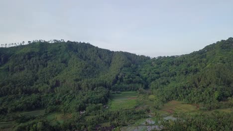 Drone-flying-near-mountains-and-volcano-covered-by-green-trees-in-Indonesia