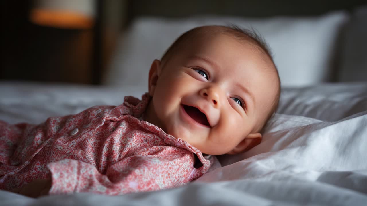 An Adorable Baby with a Joyful Smile Lying on a Soft Bedspread: Capturing Pure Happiness and Innocence in a Heartwarming Close-Up