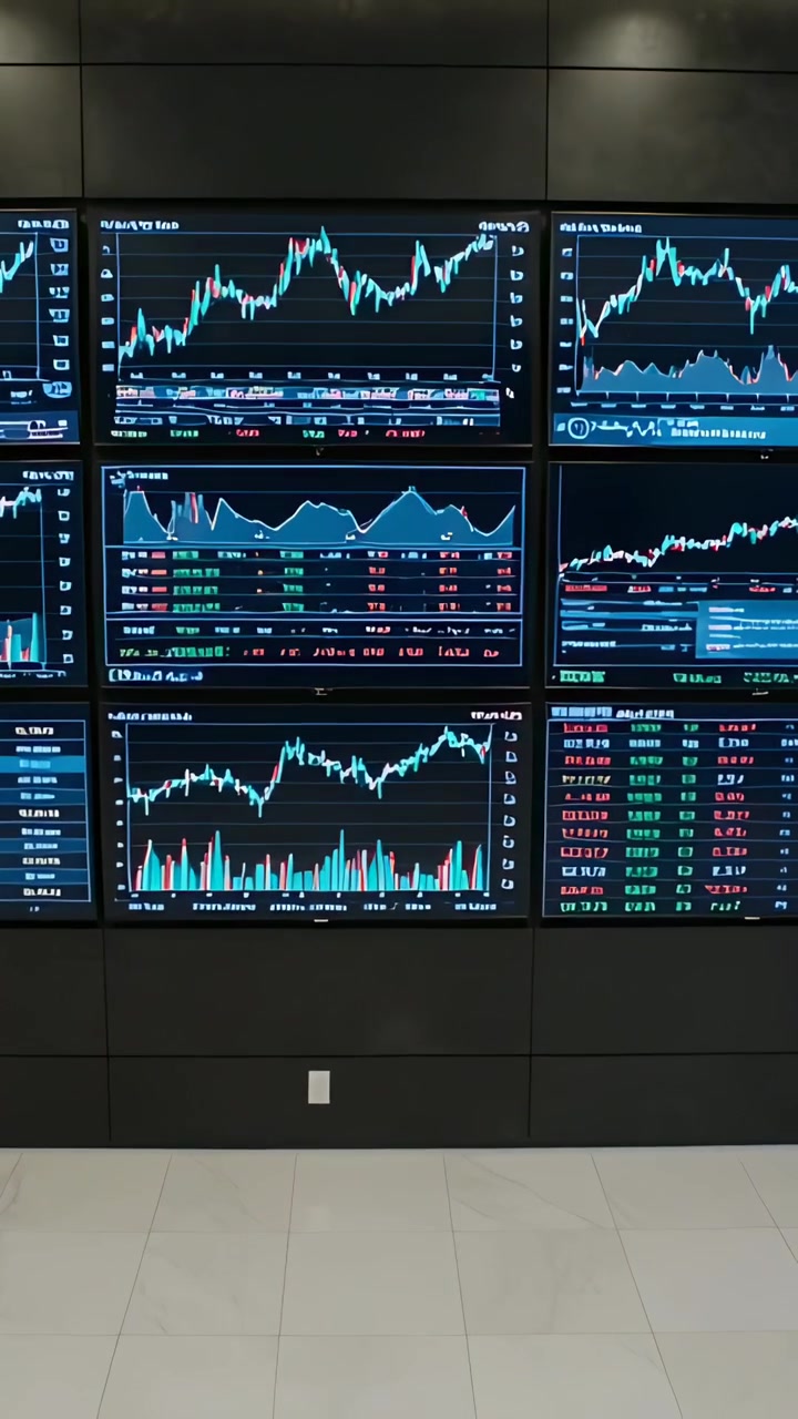 Video verticale: Telecamera inclinata che mostra una parete di monitor multi-pannello in una hall, con grafici di mercato che si aggiornano.